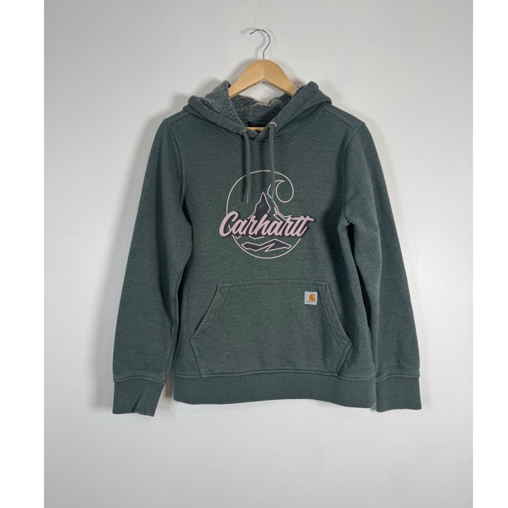 Gorpcore Carhartt Women M Relaxed Fit Hoodie Green Pink Mountain Graphic Sherpa